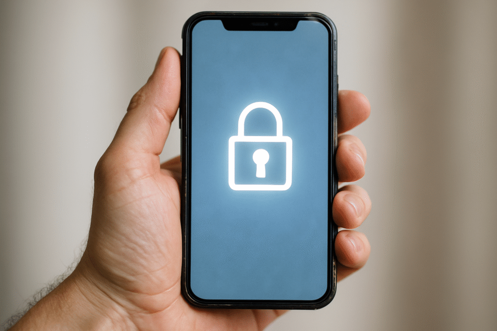 Ręka trzymająca używany smartfon z ikoną kłódki na ekranie symbolizującą bezpieczną sprzedaż online