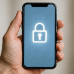 Ręka trzymająca używany smartfon z ikoną kłódki na ekranie symbolizującą bezpieczną sprzedaż online