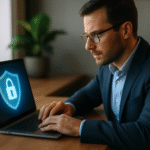 Osoba pracująca zdalnie przy laptopie z ikoną kłódki i tarczy symbolizującą bezpieczeństwo danych