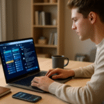 Osoba pracująca zdalnie przy biurku, z otwartym laptopem pokazującym aplikacje do zarządzania zadaniami i komunikacji