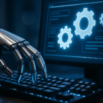 Robotyczna ręka obsługująca klawiaturę obok monitora z ikonami zębatek symbolizującymi automatyzację zadań komputerowych