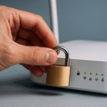 Ręka wkładająca kłódkę na router domowy jako symbol zabezpieczenia sieci przed atakami