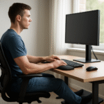 Osoba siedząca przy komputerze w ergonomicznej pozycji: monitor na wysokości oczu, proste plecy, podpórka pod nadgarstki i stopy na podnóżku