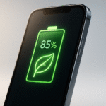 Smartfon z ikoną baterii i symbolem oszczędzania energii