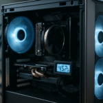 komputer stacjonarny z otwartą obudową, widoczne wentylatory i termometr wskazujący optymalną temperaturę