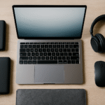 Zestaw podróżny z otwartym laptopem otoczonym powerbankiem, bezprzewodową myszą, słuchawkami i etui na laptopa