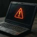 Zużyty laptop z pękniętą obudową i migającą ikoną ostrzegawczą na ekranie