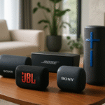 Kilka przenośnych głośników Bluetooth różnych marek ustawionych na stoliku w nowoczesnym salonie