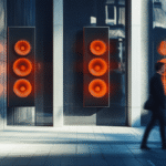 Duże głośniki z pomarańczowymi głośnikami umieszczone w ciemnej wnęce między szklanymi ścianami, rozmyty ruch osoby przechodzącej.