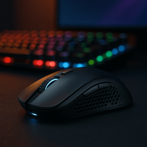 Czarna bezprzewodowa mysz gamingowa na biurku z kolorową klawiaturą w tle.