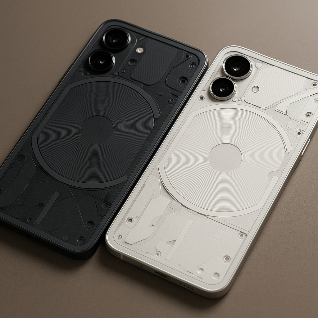 Dwa telefony Nothing phone 3 w kolorach czarnym i srebrnym z widocznymi obiektywami aparatu fotograficznego.