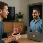 Wizualizacja technologii Google Beam – dwie trójwymiarowe postaci prowadzące rozmowę w formie hologramów w futurystycznym otoczeniu