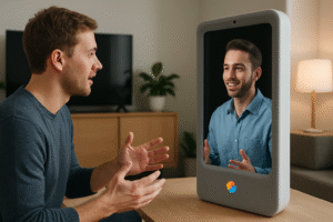 Wizualizacja technologii Google Beam – dwie trójwymiarowe postaci prowadzące rozmowę w formie hologramów w futurystycznym otoczeniu