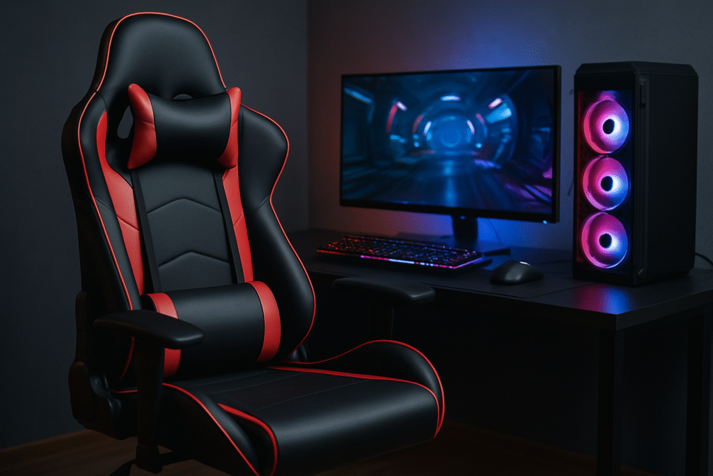 Różne modele ergonomicznych foteli gamingowych ustawione w rzędzie obok podświetlonego biurka