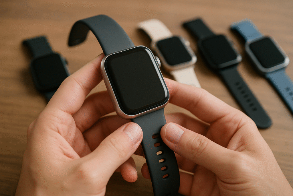 Zestaw nowoczesnych smartwatchy z kolorowymi wyświetlaczami i wymiennymi paskami na jasnym tle