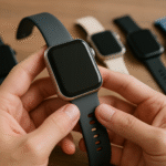 Zestaw nowoczesnych smartwatchy z kolorowymi wyświetlaczami i wymiennymi paskami na jasnym tle