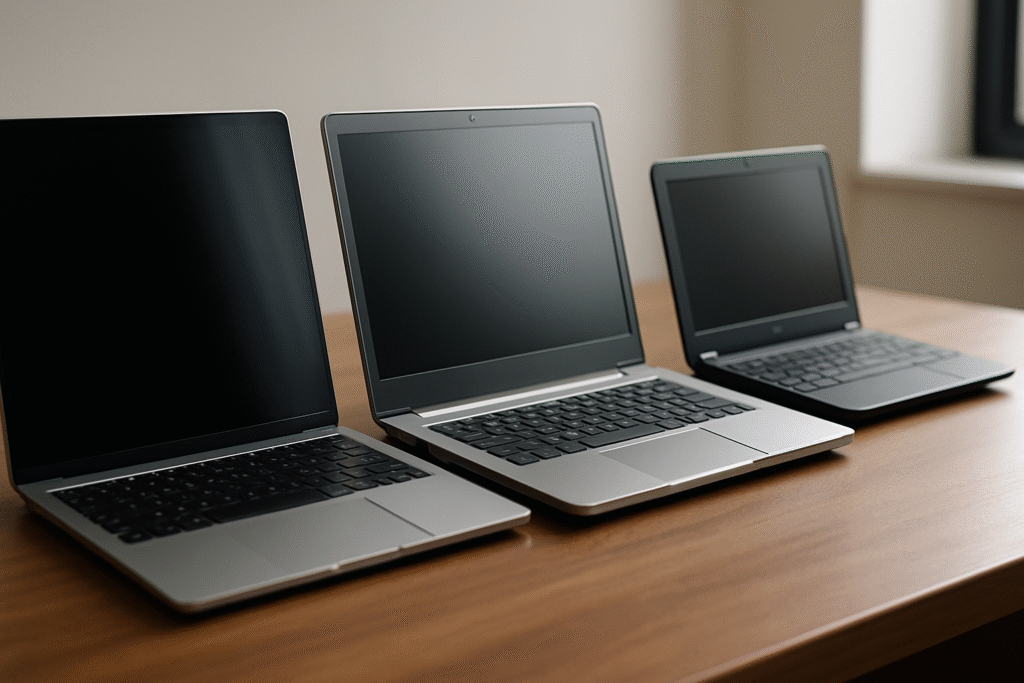 Trzy otwarte laptopy ustawione obok siebie reprezentujące ultrabooka, notebooka i netbooka