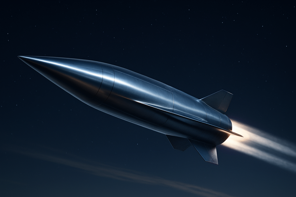 Rakieta hipersoniczna w locie, otoczona smugą plazmy i falą uderzeniową