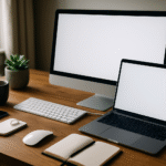 Komputer stacjonarny i laptop obok siebie na biurku z akcesoriami do pracy zdalnej