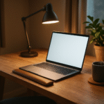 Ergonomiczne biurko z laptopem, podkładką pod nadgarstek, lampą, kubkiem kawy i rośliną doniczkową w przytulnym domowym biurze