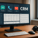 Wsparcie klienta online – ekran komputera z panelem CRM, ikonami czatu, telefonu i e-mail na biurku z zestawem słuchawkowym