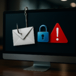 Komputer z wyświetlonym e-mailem zaczepionym na haczyku, ikoną kłódki i znakiem ostrzegawczym