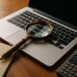 Laptop na biurku z lupą skierowaną na klawiaturę, obok notatek i kalkulatora symbolizujący ocenę wartości używanego sprzętu