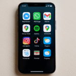 Smartfon z wyświetlonymi ikonami popularnych i przydatnych aplikacji mobilnych