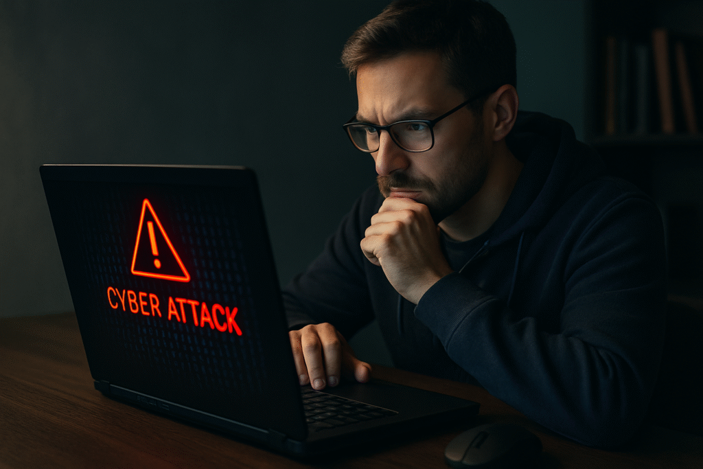 Schemat tarczy z kłódką przed ekranem komputera symbolizujący obronę przed atakiem cybernetycznym