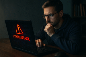 Schemat tarczy z kłódką przed ekranem komputera symbolizujący obronę przed atakiem cybernetycznym