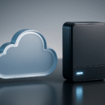 Grafika przedstawiająca ikonę chmury obok ikony zewnętrznego dysku twardego symbolizujące wybór metody przechowywania danych
