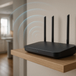 Router Wi-Fi umieszczony wysoko na półce rozszerzający sygnał sieci na wszystkie pomieszczenia w domu