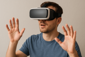 Osoba nosząca gogle VR i trzymająca kontrolery w wirtualnym środowisku.