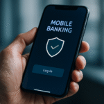 osoba korzystająca z aplikacji mobilnej banku na smartfonie z ikoną tarczy symbolizującą ochronę danych