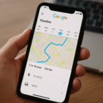 interfejs Google Timeline na smartfonie pokazujący mapę z odwiedzonymi punktami i datami
