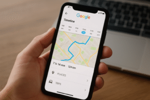 interfejs Google Timeline na smartfonie pokazujący mapę z odwiedzonymi punktami i datami