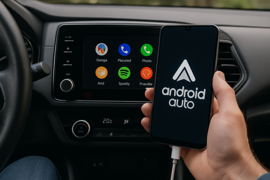 Smartfon z interfejsem Android Auto połączony kablem z samochodowym systemem multimedialnym