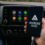 Smartfon z interfejsem Android Auto połączony kablem z samochodowym systemem multimedialnym