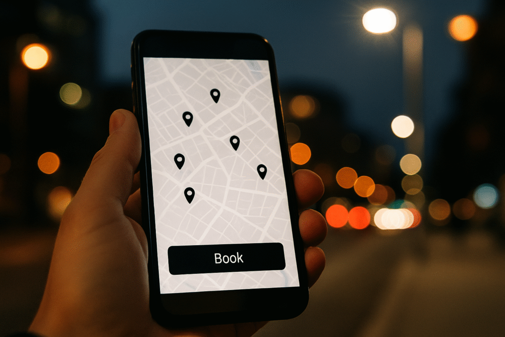 Schemat działania Uber pokazujący kierowcę, pasażera i trasę na mapie w aplikacji na smartfonie