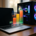 Laptop i komputer stacjonarny ustawione obok siebie na biurku z otwartym ekranem laptopa oraz podświetloną obudową PC w tle, a między nimi widoczny wykres porównujący wydajność komponentów