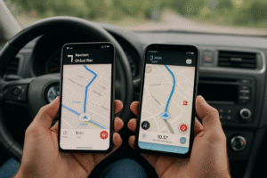 Interfejs aplikacji Waze i Google Maps na ekranie smartfona porównujący funkcje nawigacyjne