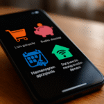 Smartfon z ikonami aplikacji do zarządzania domem: lista zakupów, budżet domowy, harmonogram sprzątania i sterowanie inteligentnym domem