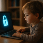 Dziecko siedzące przed laptopem z ikoną kłódki symbolizującą ochronę prywatności w sieci