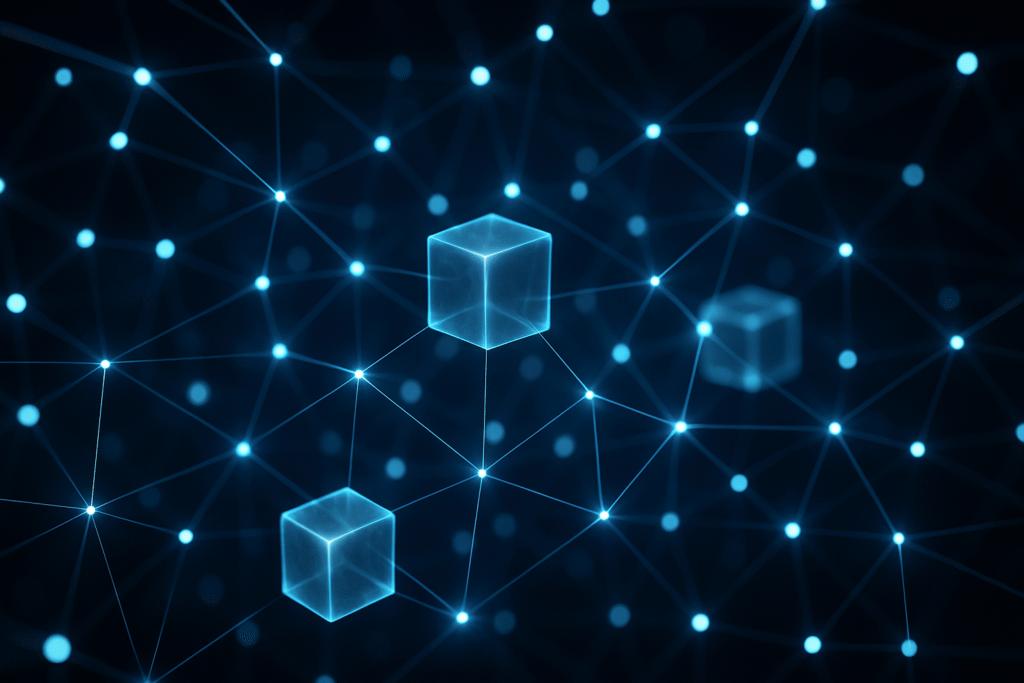 Schematyczna wizualizacja blockchainu w oprogramowaniu: bloki danych połączone liniami na tle ekranu z kodem