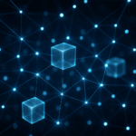 Schematyczna wizualizacja blockchainu w oprogramowaniu: bloki danych połączone liniami na tle ekranu z kodem