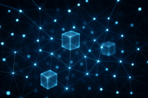 Schematyczna wizualizacja blockchainu w oprogramowaniu: bloki danych połączone liniami na tle ekranu z kodem