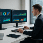 Interfejs oprogramowania ERP i CRM z wykresami i panelami do zarządzania firmą