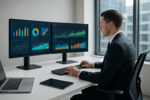 Interfejs oprogramowania ERP i CRM z wykresami i panelami do zarządzania firmą