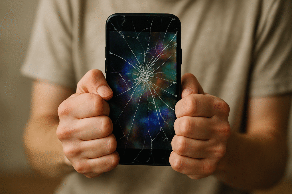 Smartfon z pękniętą szybką ekranu.