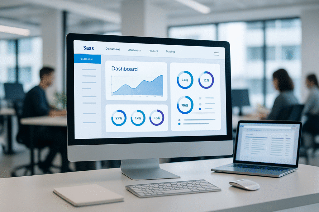 Chmura obliczeniowa z laptopem i wykresem wzrostu symbolizujące rozwój oprogramowania SaaS i jego przyszłość